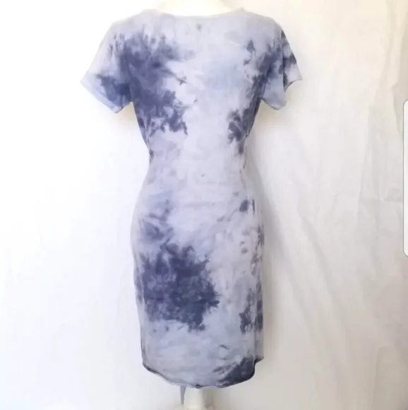 Anthro Lovers + Friends Blue Smoky Tie Dye Mini Dress Small Belted Short Sleeve - Picture 4 of 6
